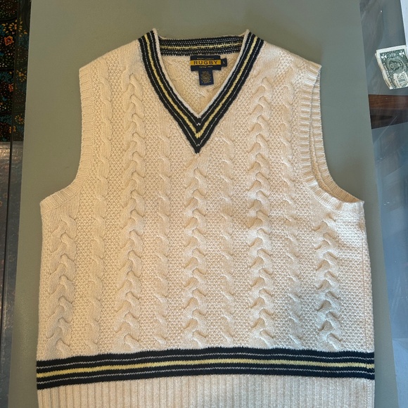 RARE! Ralph Lauren RUGBY V-Neck Cable Knit Sweater Vest | Cream | Collegiate L - Picture 5 of 5